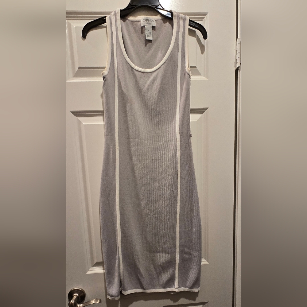Carmen Marc Valvo Gray and White Strapless Dress